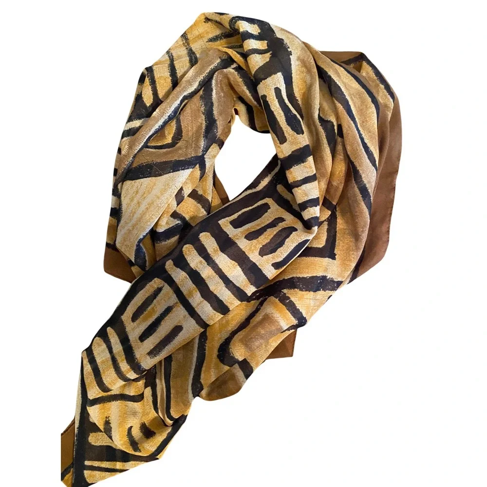 Abstract Geometric Print Scarf Earthy Mustard Brown Black Lightweight Wrap